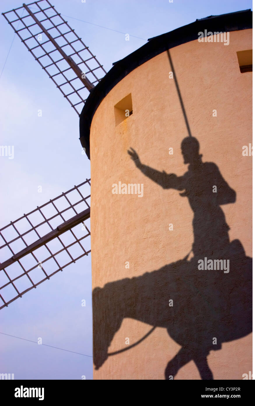 Don Quixote & Rocinante's shadow on windmill, Spain Stock Photo