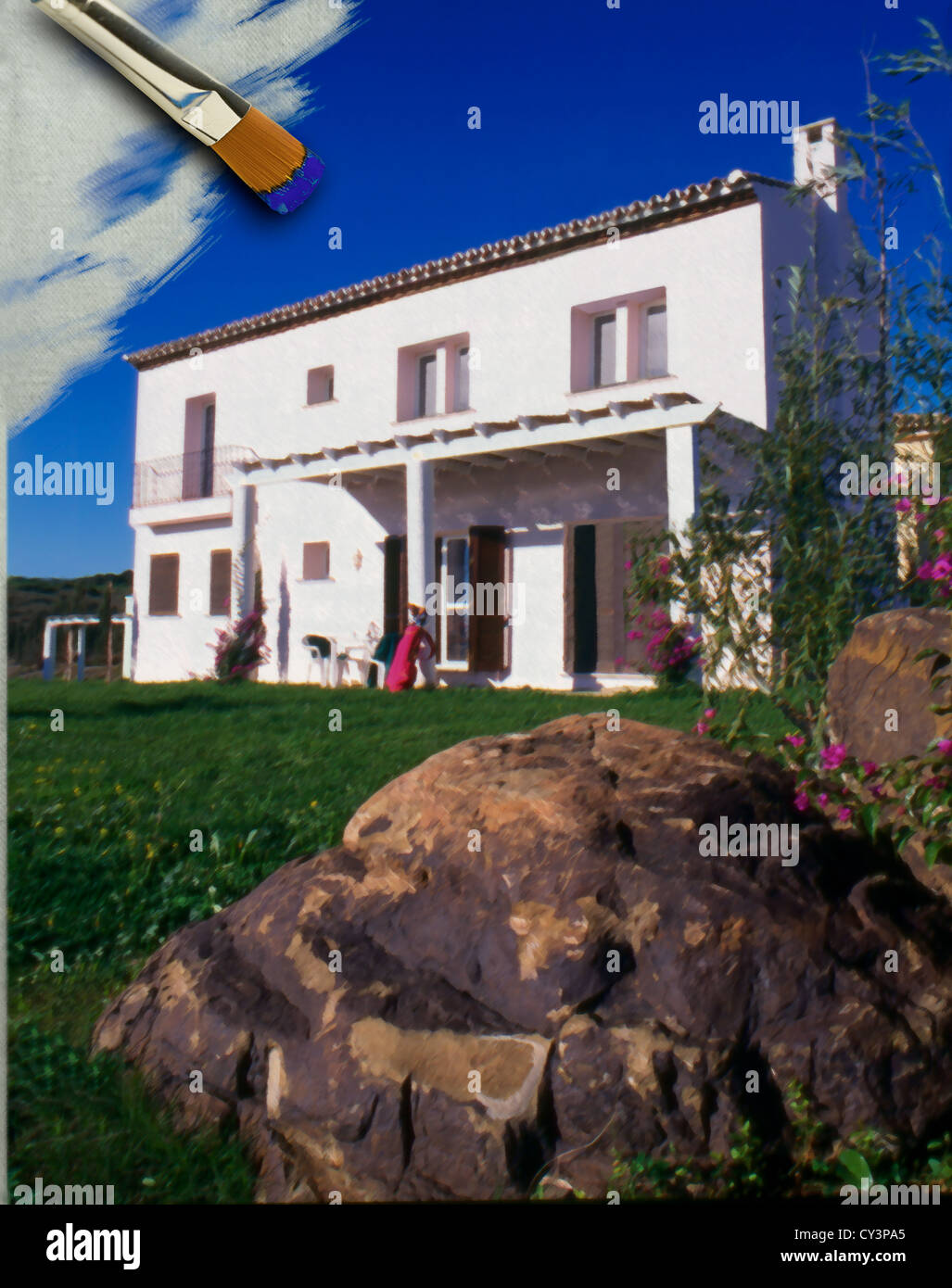 Spanish house scene, incomplete oil painting with artiist's brush Stock Photo