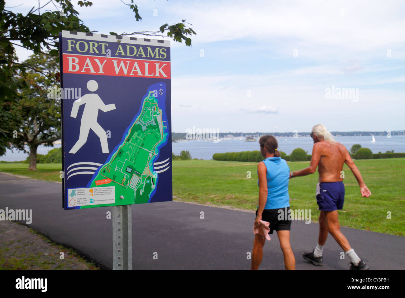 Newport Rhode Island,New England,Fort Ft. Adams State Park,Bay water Walk,walking path,sign,logo,Narragansett Bay water,senior seniors old older citiz Stock Photo
