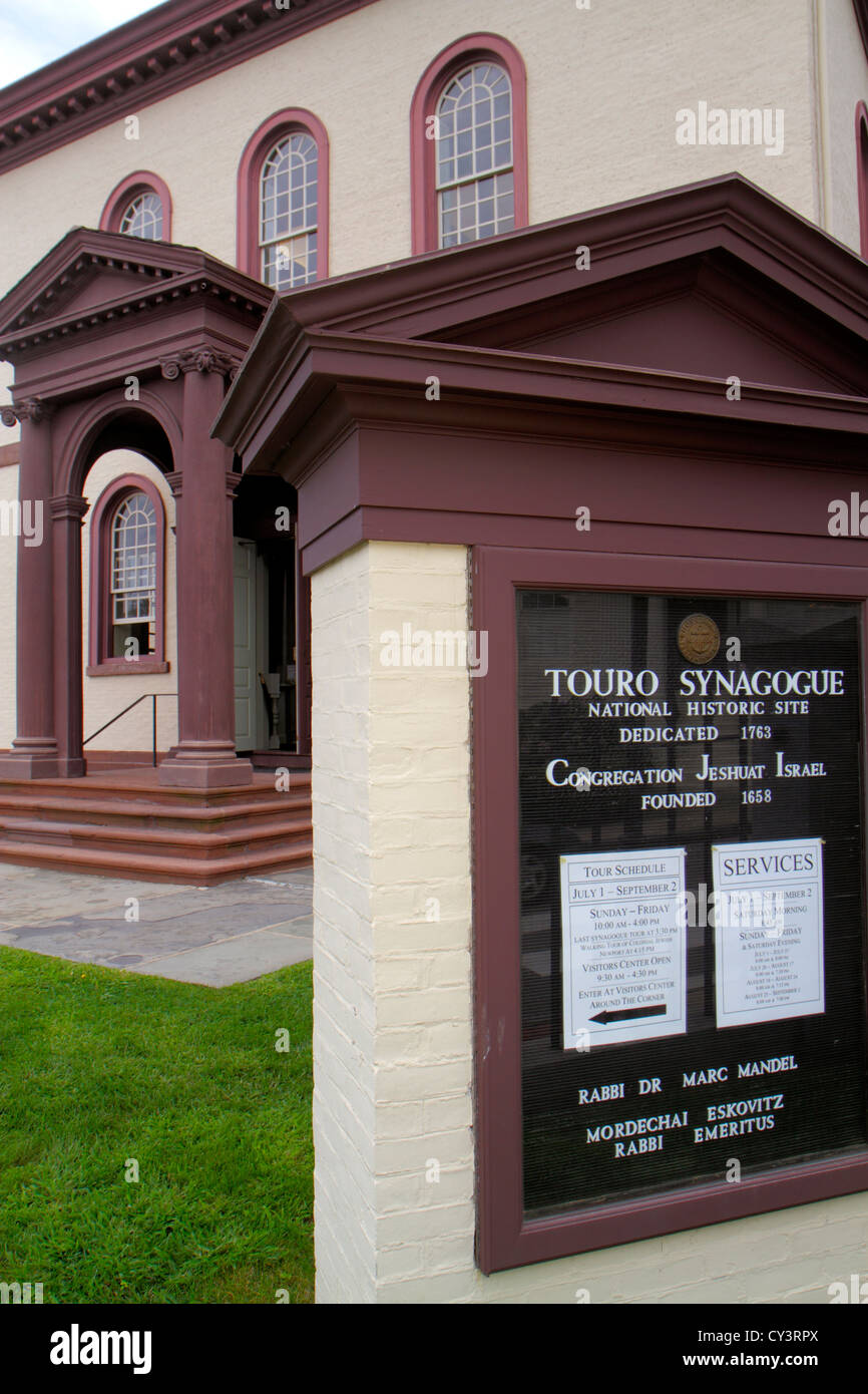 Rhode Island Newport,Patriot's Park,sign,Touro Synagogue National historic Site,1763,US oldest synagogue building,museum,Jewish,religion,front,outside Stock Photo