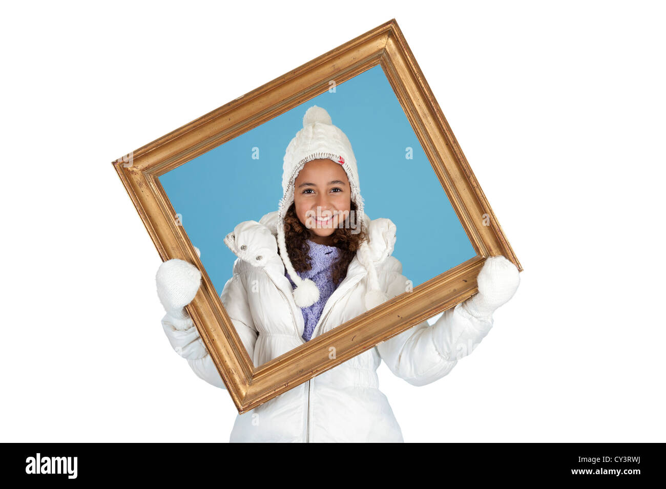 smiling girl in winter clothes in a frame Stock Photo