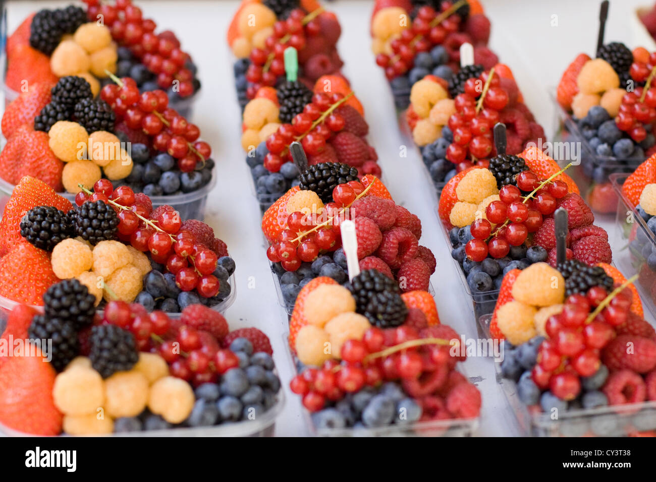 Fruit in Plastic Cartons for sale on a Market stall in Prague Stock