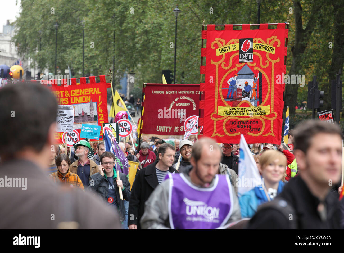 A Future That Works, TUC protest march rally, Piccadilly central London, 20th October Stock Photo