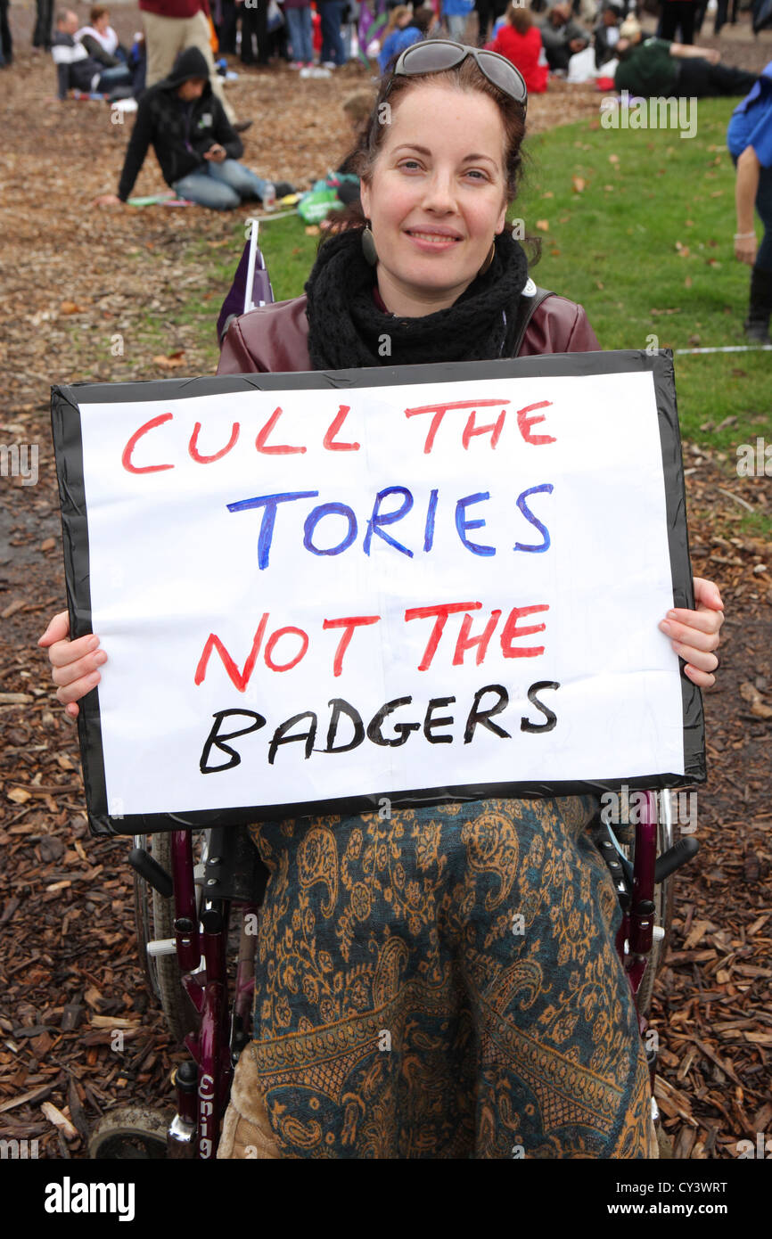 Young female anti Badger cull and government cuts protester with disability holding placard at  A Future That Works London UK Stock Photo