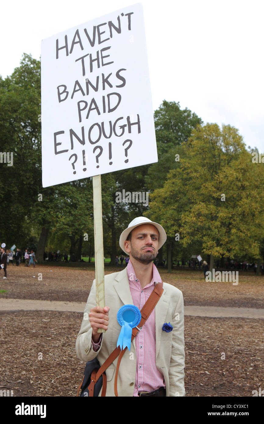 Anti austerity and government cuts protester at A Future That  Works. Carrying placard, London UK Stock Photo