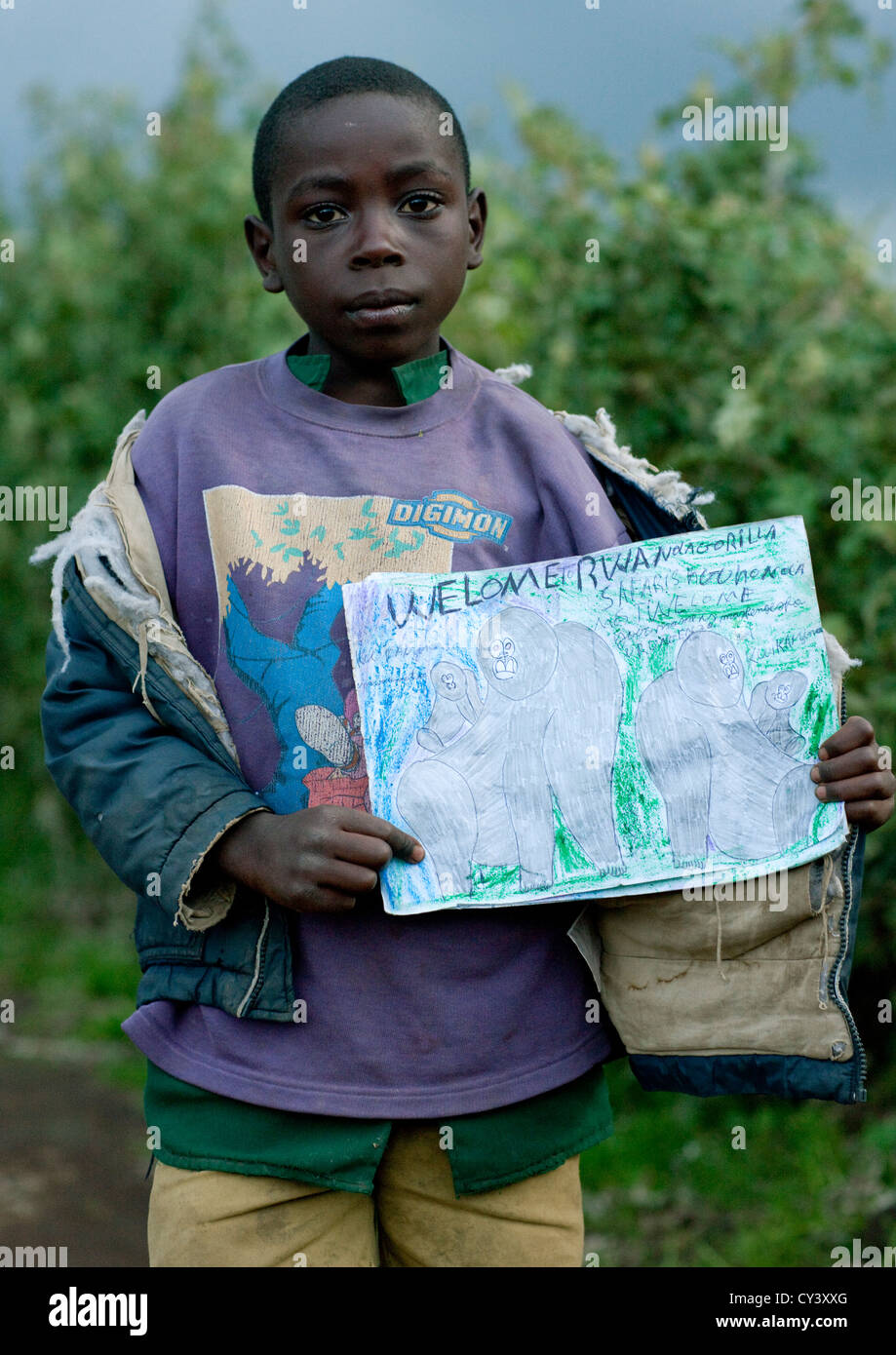 Kid And A Gorilla Drawing In Volcanoes National Park Area - Rwanda Stock Photo