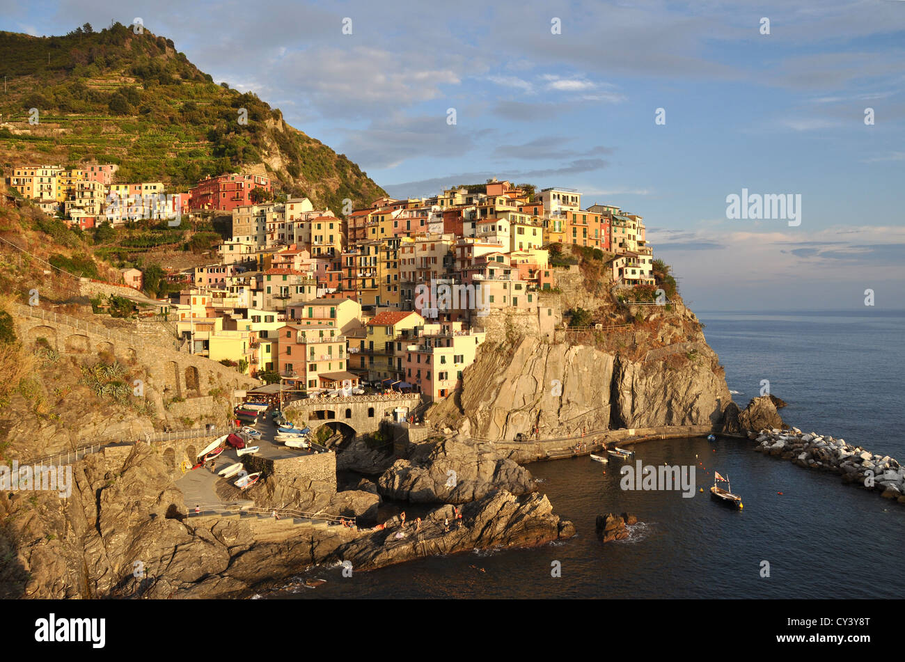 Evening light on Manarola, Cinque Terre, Liguria, Italy Stock Photo