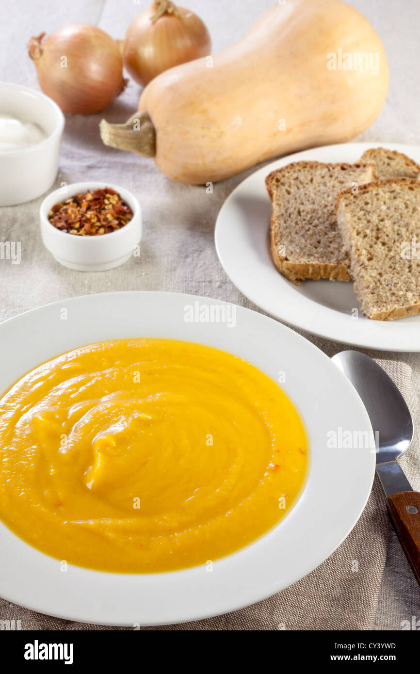 Butternut Squash soup with chili Stock Photo