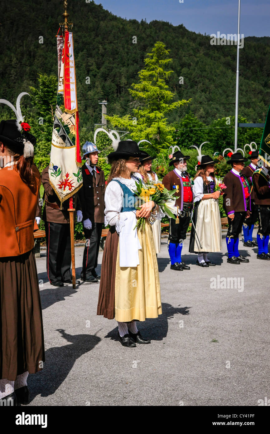 Mebers of the Seefeld Tyrolean band take part in a Sunday parade in Reith bei Seefeld Austria Stock Photo