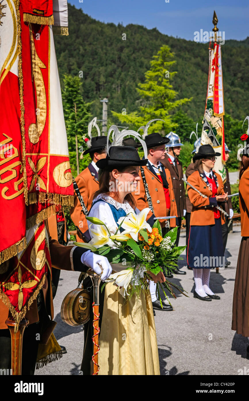 Mebers of the Seefeld Tyrolean band take part in a Sunday parade in Reith bei Seefeld Austria Stock Photo