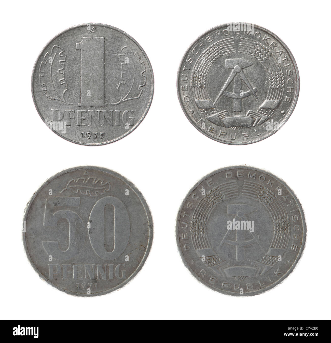 East German pfennig coins isolated on white Stock Photo