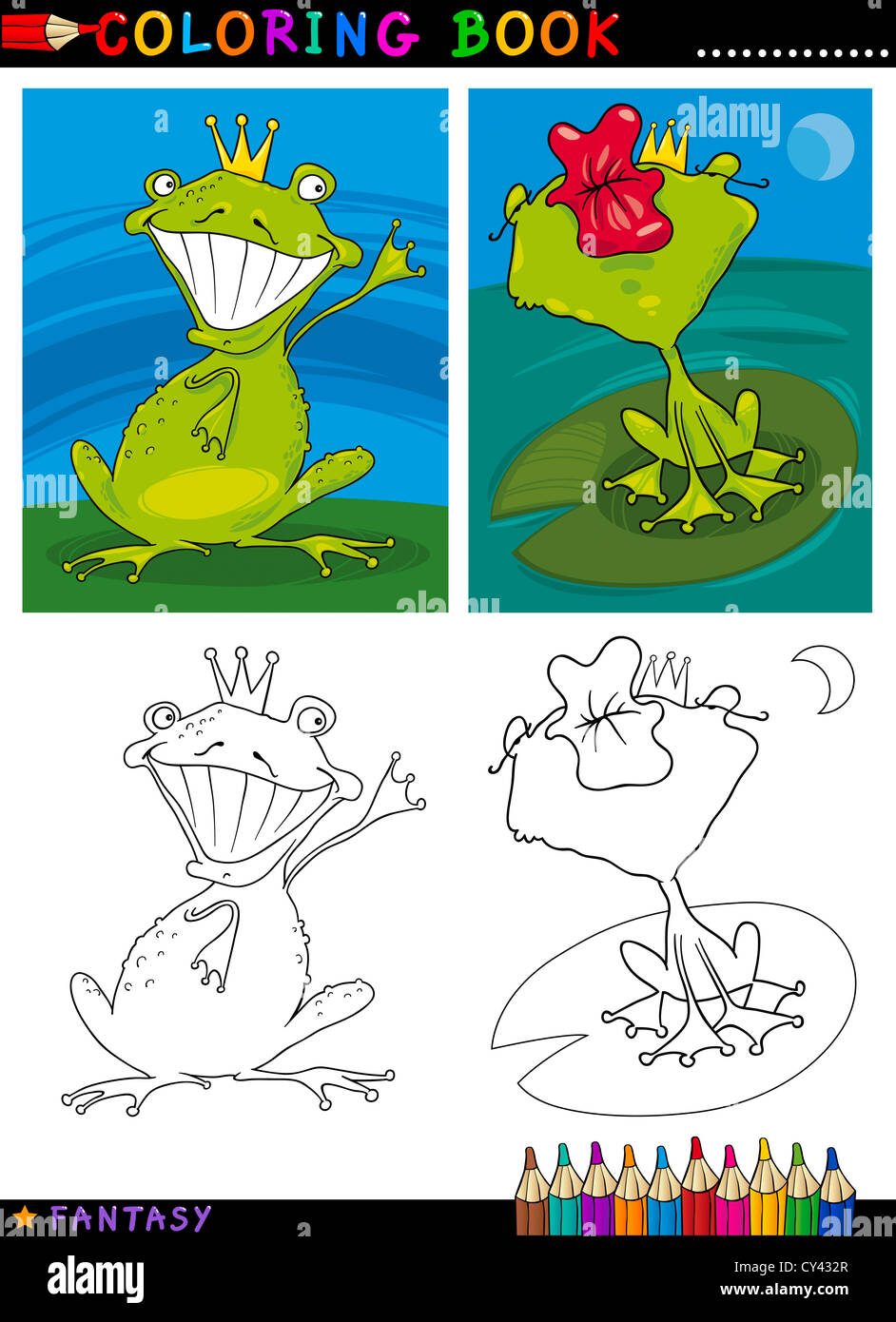 Coloring Book or Page Cartoon Illustration of Frog Prince Fairytale Characters Stock Photo
