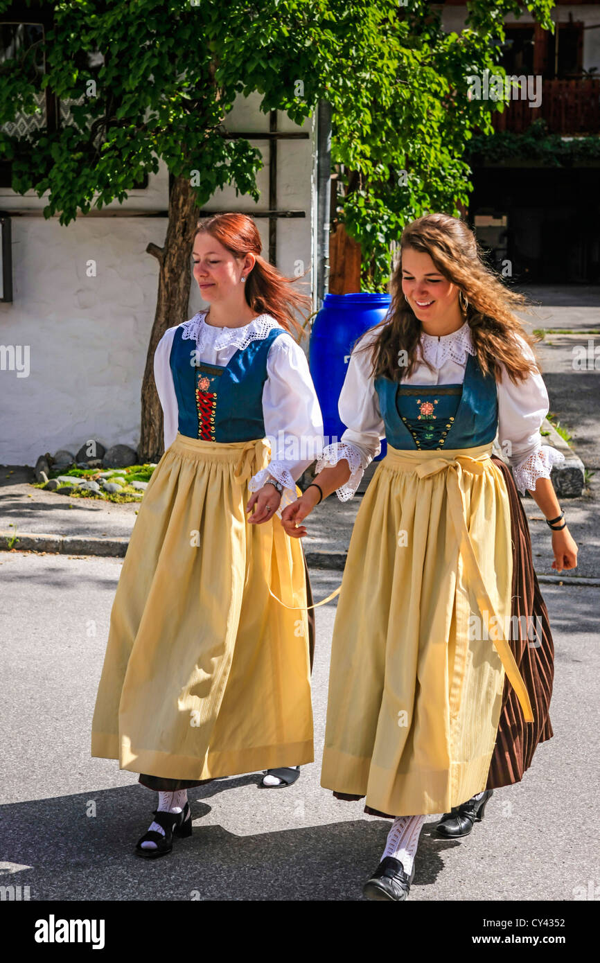 Austrian teenage girls in their traditional Dirndl dresses Stock Photo