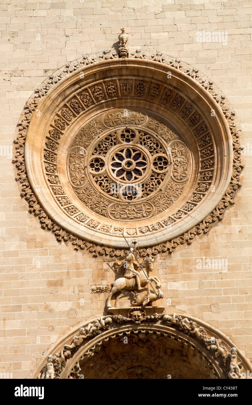 ornately carved baroque doorway of the sandstone Convent of San Francisco, baroque style church Palma de Mallorca Stock Photo