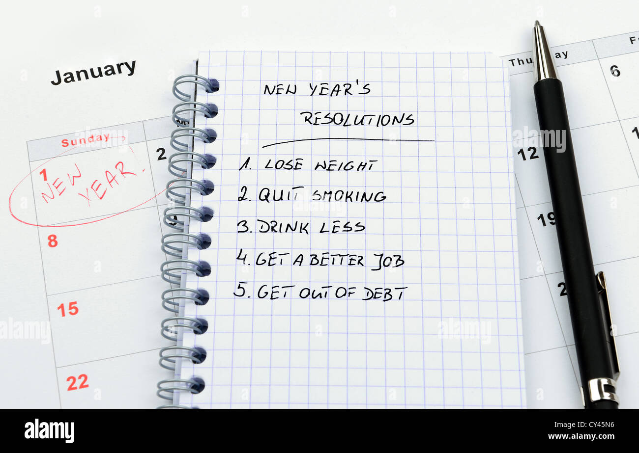 New Year's resolutions listed in circle notepad Stock Photo