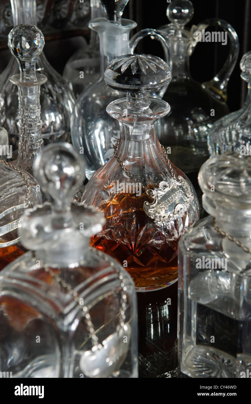 Collection of assorted antique glass decanters Stock Photo