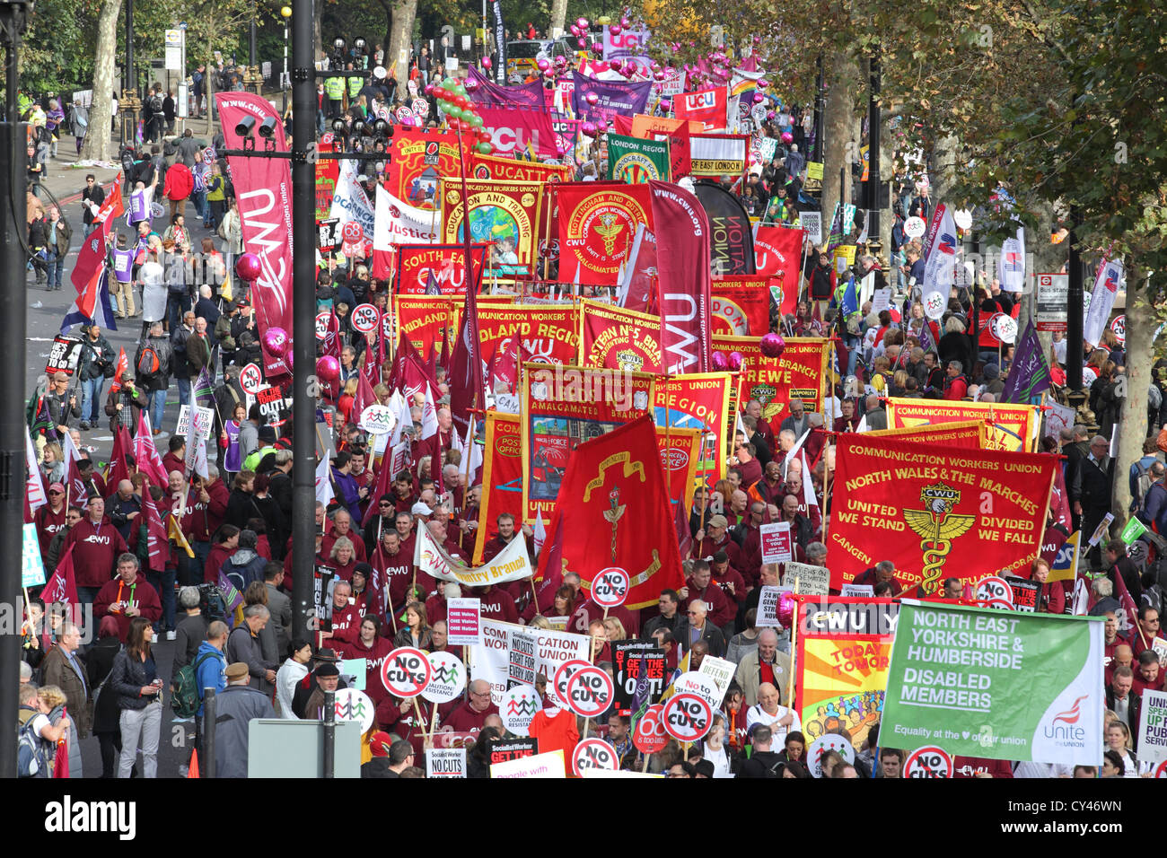 'A Future That Works' TUC organized march and rally, Victoria Embankment, London,UK. Protest cuts austerity mass gathering union Stock Photo