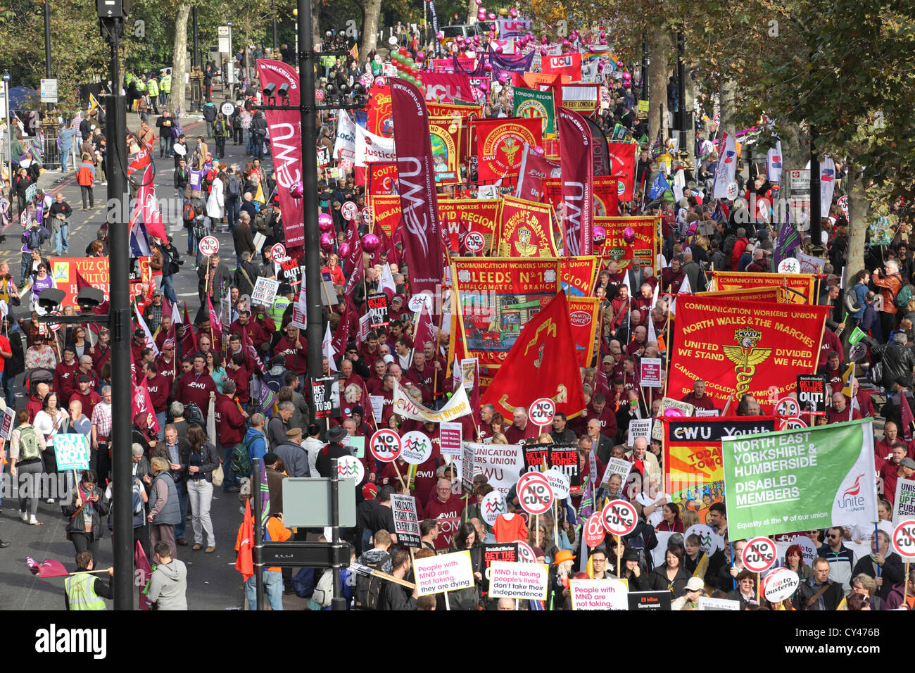 "A Future That Works" TUC organized march and rally, Victoria Embankment, London,UK. Protest cuts austerity mass gathering union Stock Photo