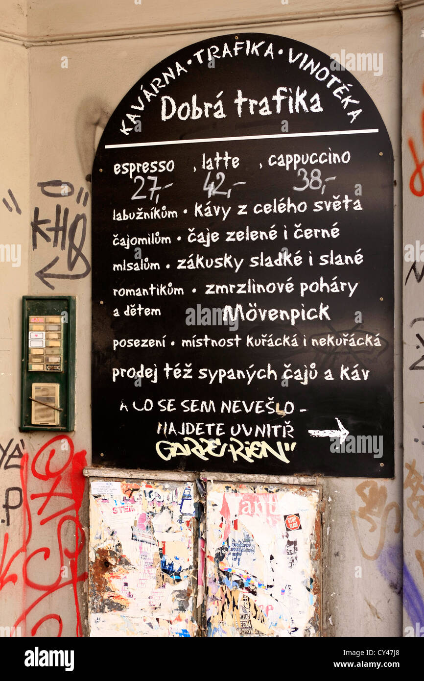 Trafika Cafe Menu board in Prague Stock Photo