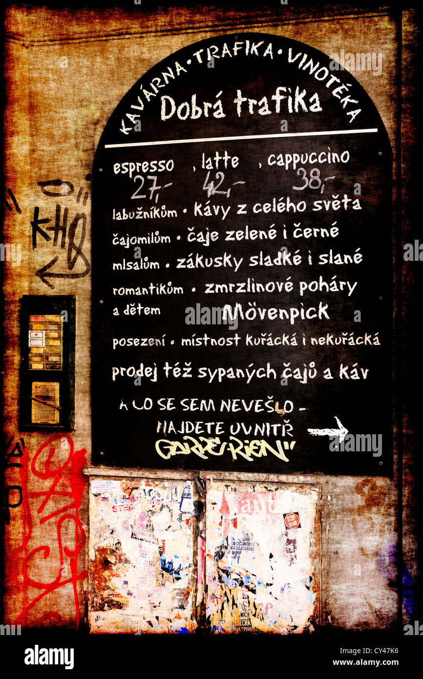 Trafika Cafe Menu board in Prague Stock Photo