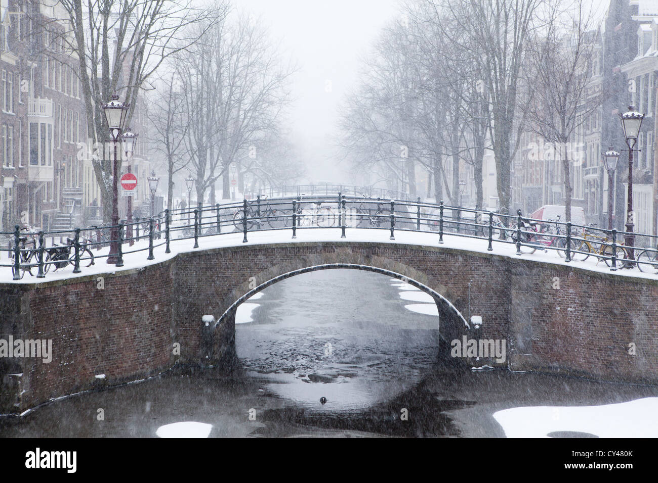 First snow in Amsterdam in the winter of 2012 Stock Photo