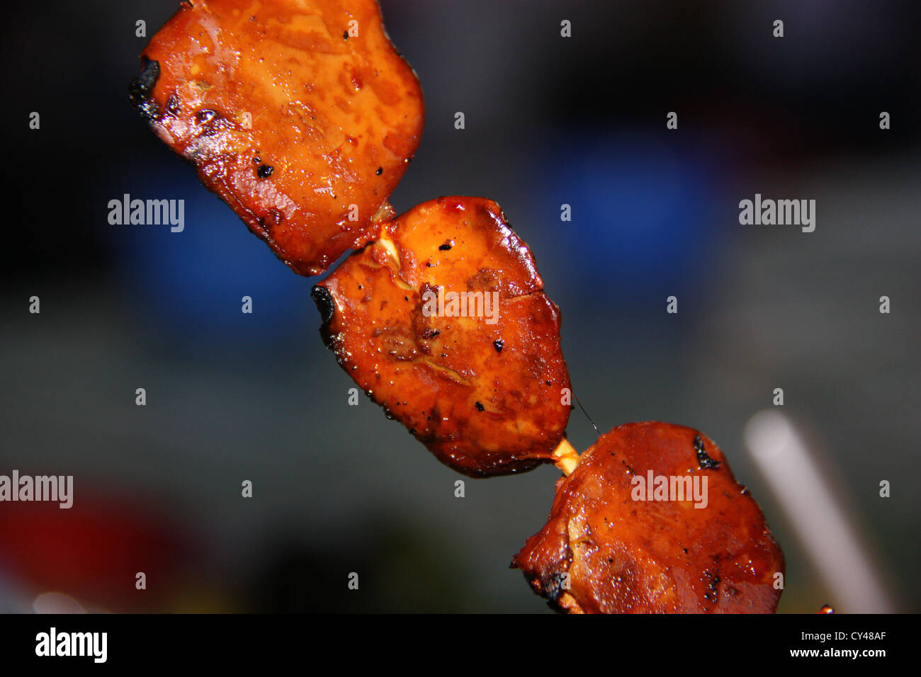 Grilled chicken livers, traditional Malaysian evening snack Stock Photo