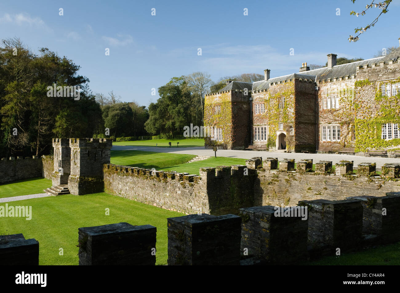 Exterior facade of Prideaux Place an Elizabethan manor in north Cornwall, with rampart and lawns, Stock Photo