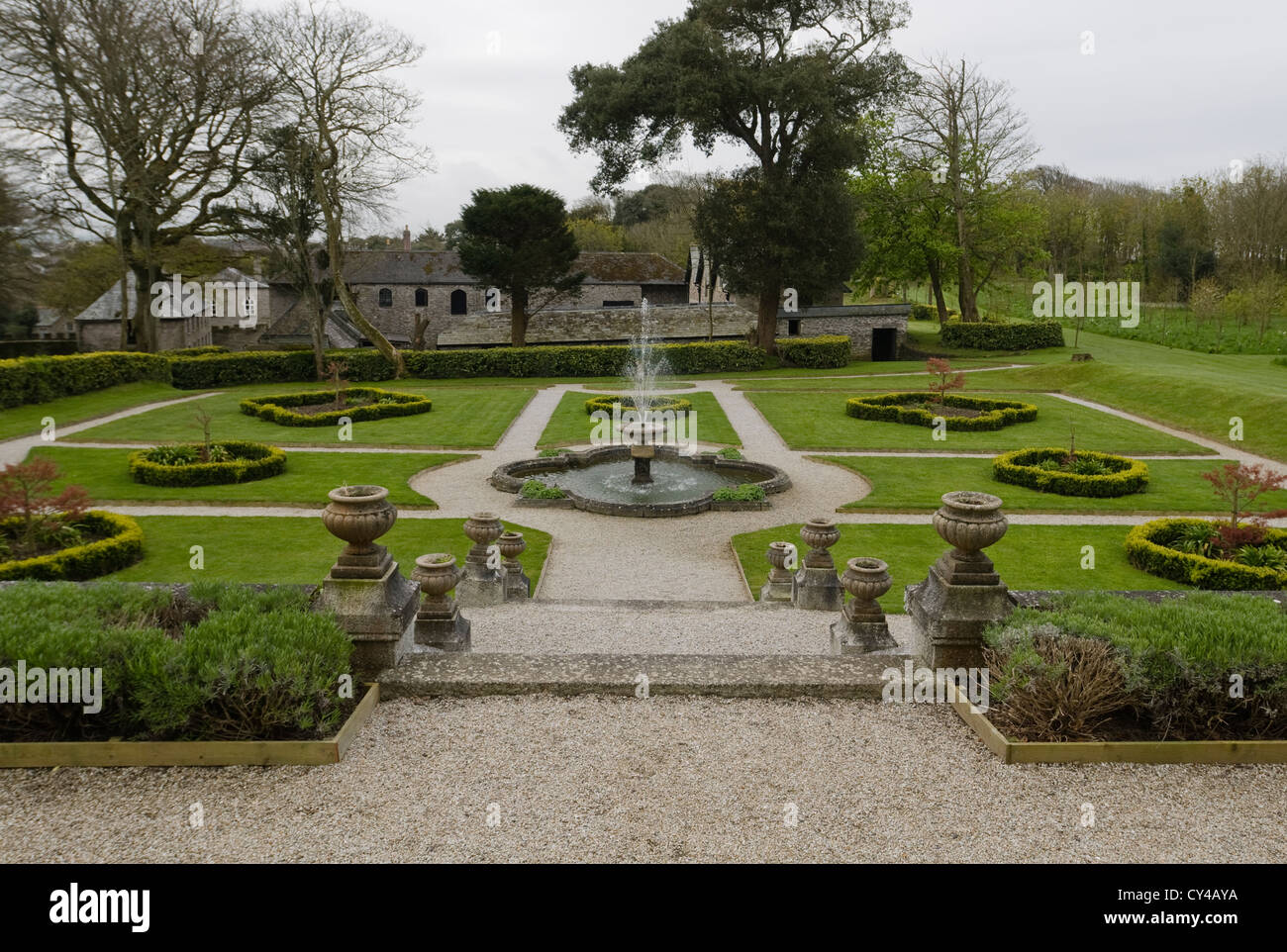 Gardens and fountain at Prideaux Place, an Elizabethan manor in north Cornwall Stock Photo