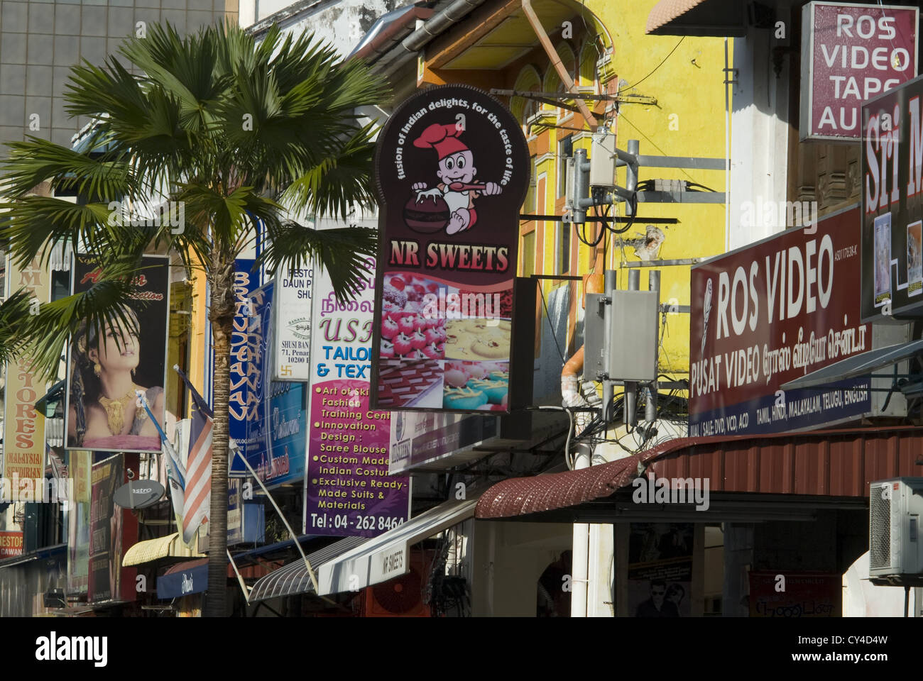 Shop signs dominate the streets of Georgetown's Little India. Penang, Malaysia Stock Photo