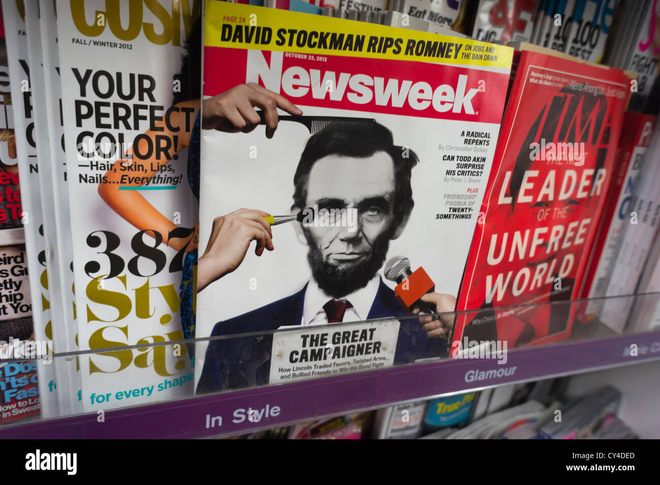 A copy of Newsweek, with Time and other magazines, is seen on a