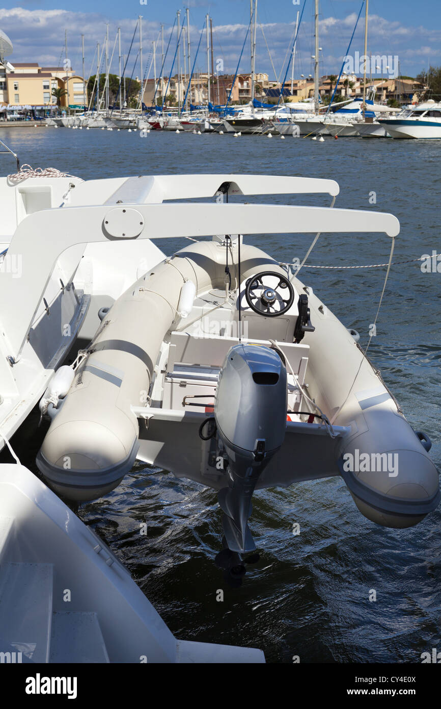 View Of A Dinghy With Outboard Engine On Large Catamaran In The Marina Of Gruissan South France Stock Photo Alamy