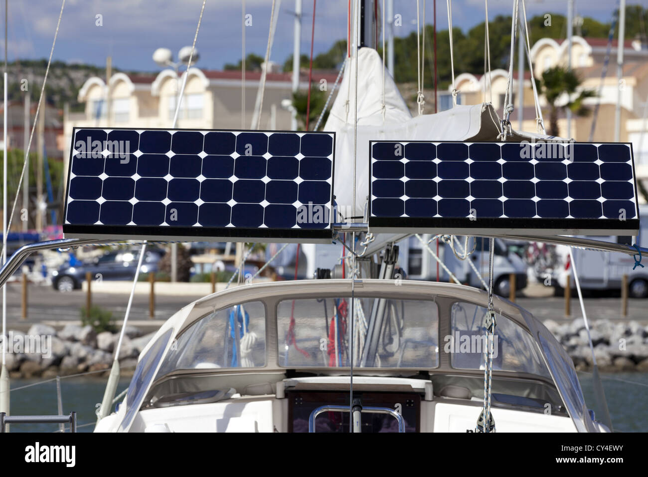 Solar module on a sailing boat in the Marina of Gruissan South France