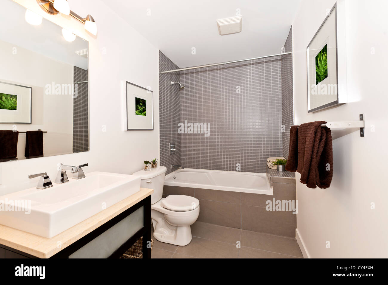 Interior three piece bathroom - artwork on walls are from photographer portfolio Stock Photo