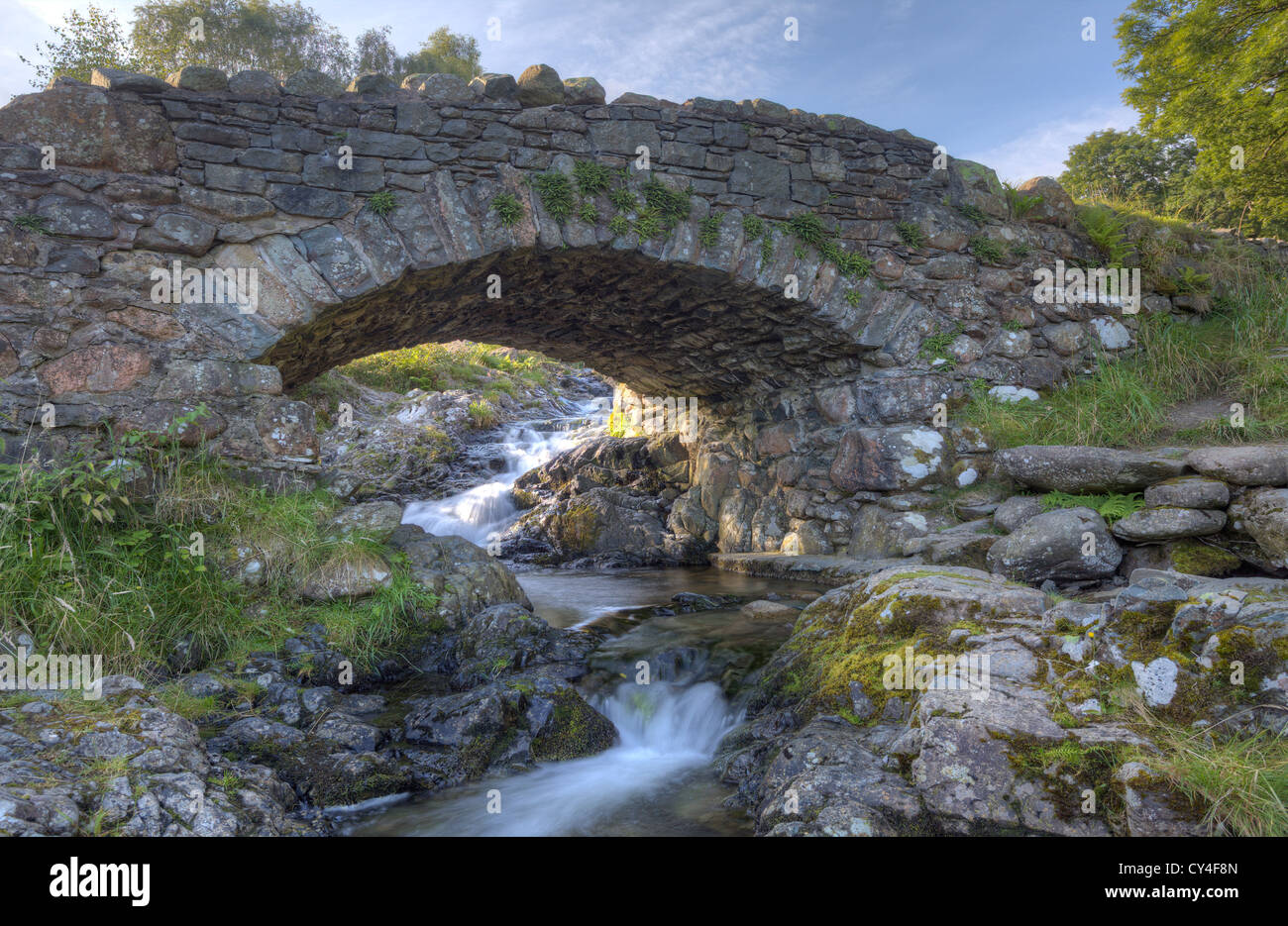 Reverse view of beautiful Ashness Bridge near Derwentwater Cumbria picturesque Packhorse bridge with mountain views Stock Photo