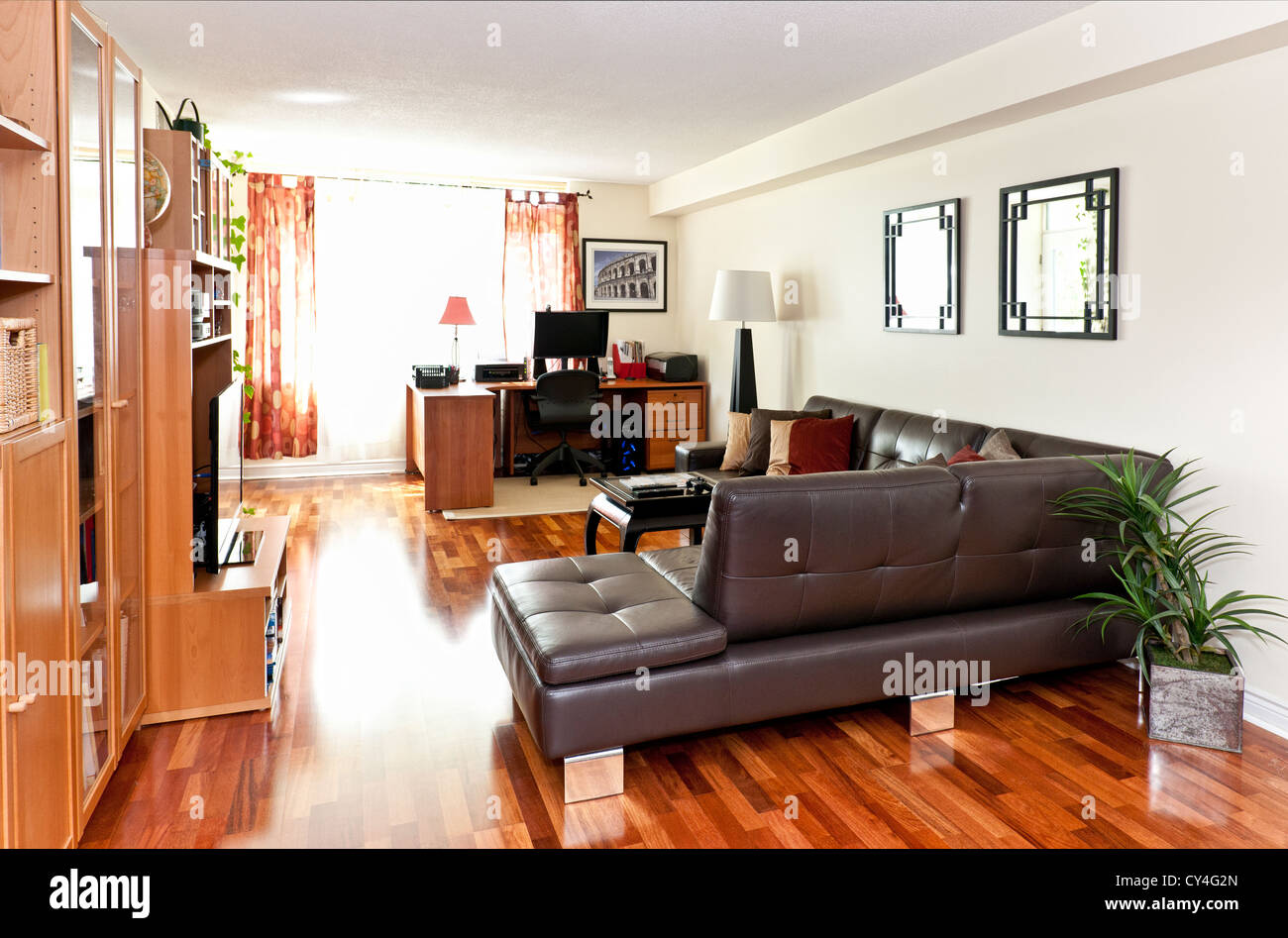 Living room with hardwood floor - artwork is from photographer portfolio Stock Photo