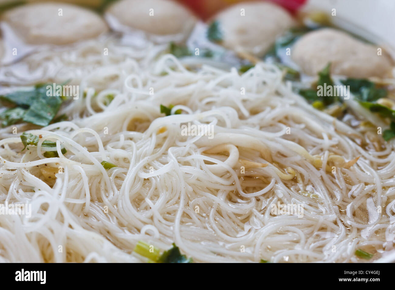 Asian cuisine, rice noodles with fish ball and meat ball Stock Photo
