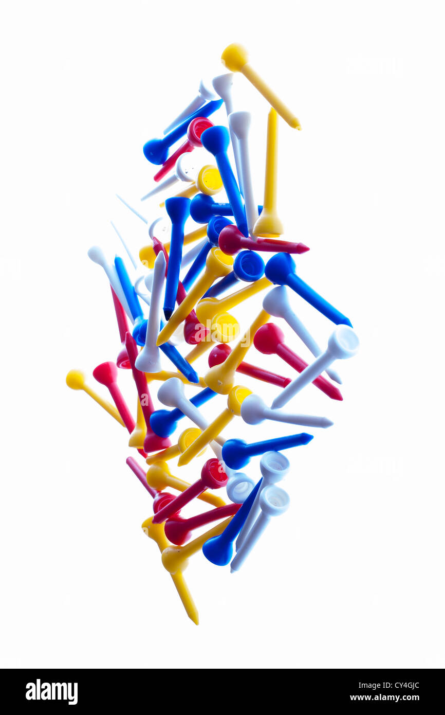 colourful art Golf tees many isolated vertical red yellow blue white