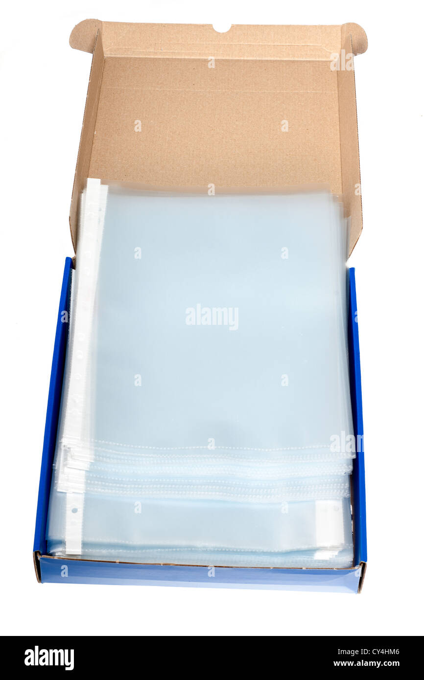 Box containing 100 A4 punched transparent polythene pockets Stock Photo