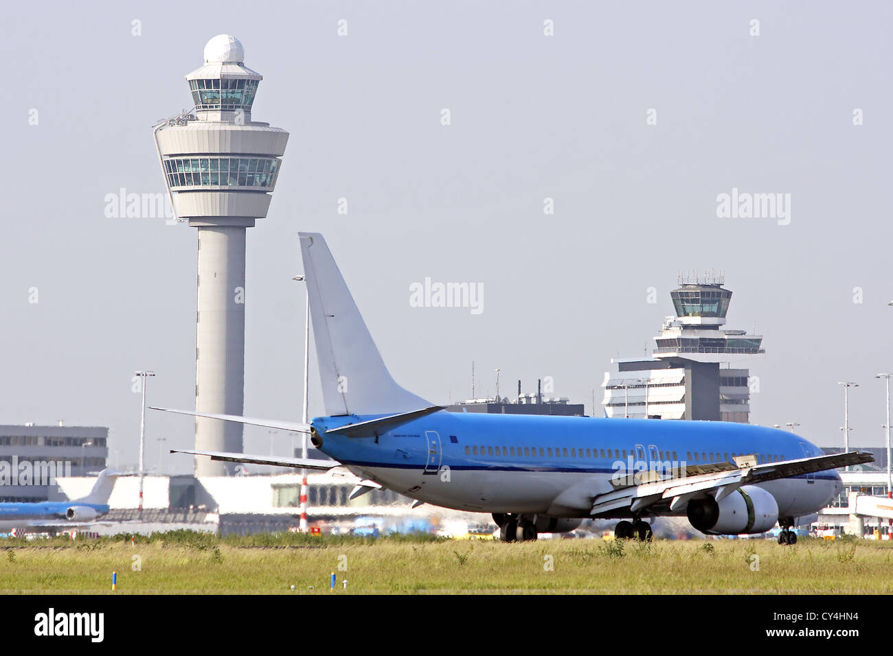 Schiphol airport with airplane landing in the Netherlands Stock Photo