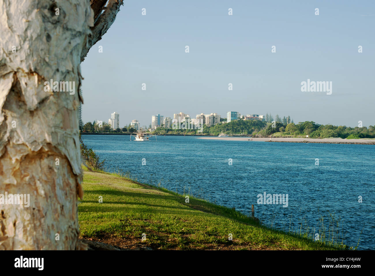 Tweed River flowing to coaster past the city of Tweed, Australia. Stock Photo