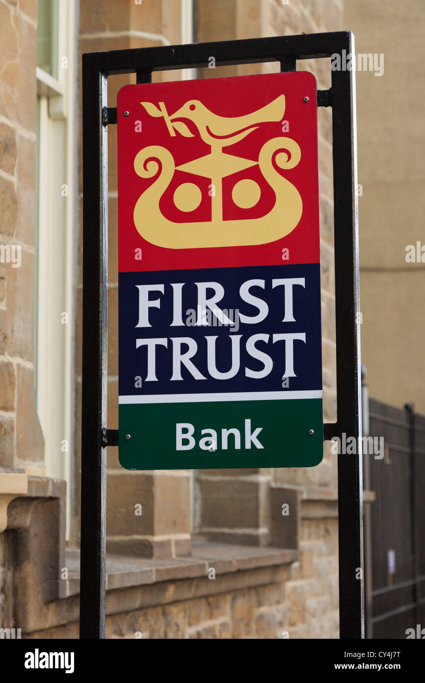 First Trust Bank sign outside the local branch in Dungannon, County Tyrone, Northern Ireland, UK, Britain Stock Photo