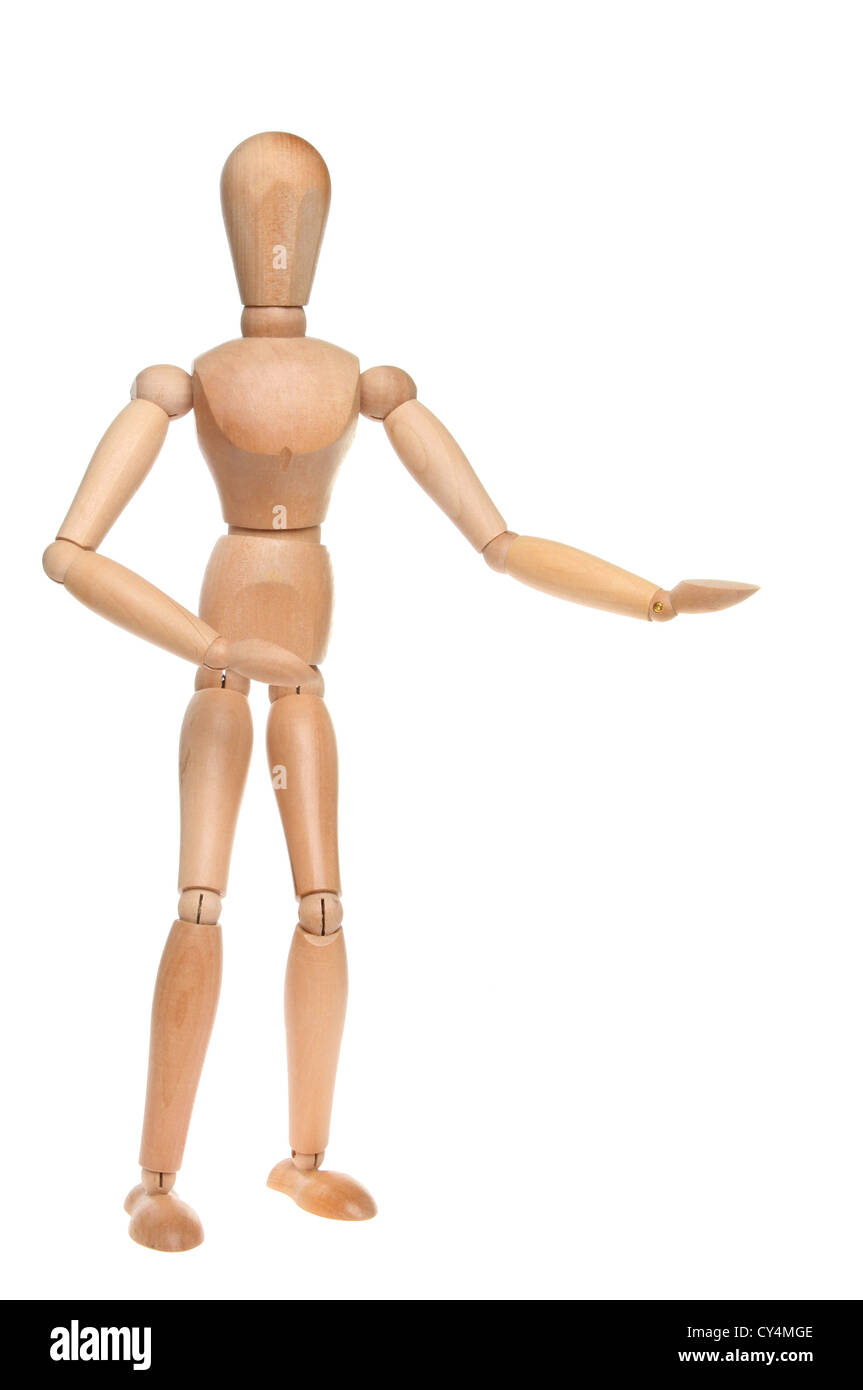 Artists wooden manikin with an arm extended to the right isolated against white Stock Photo