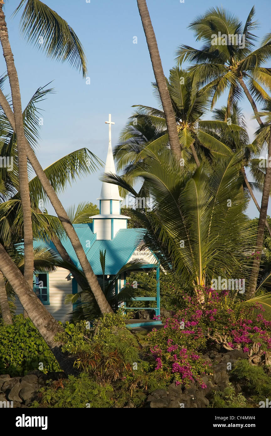 Elk284-2940v Hawaii, HI, Kailua-Kona, Kahaluu, St Peter's Catholic Church, 1861 in tropical vegetation Stock Photo