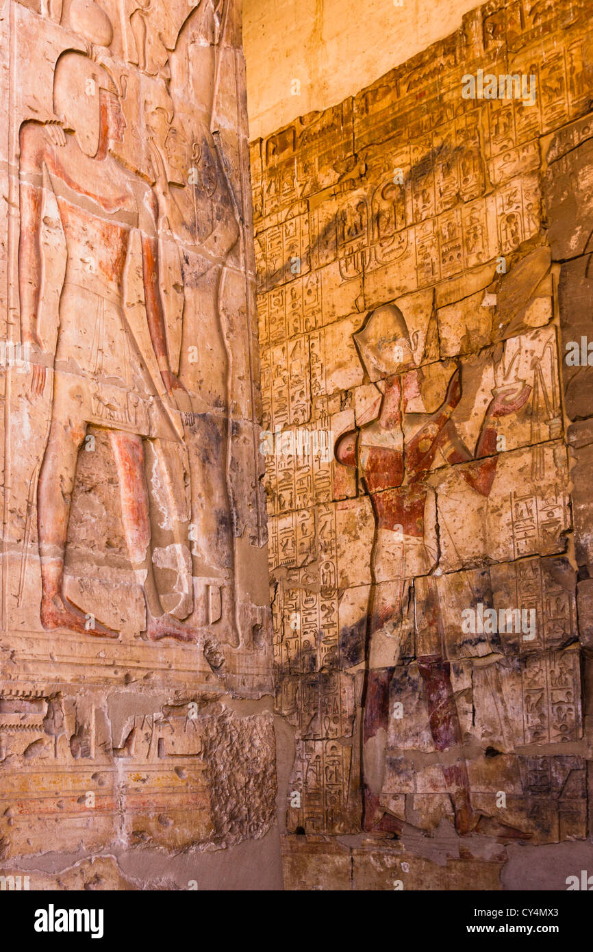 Reliefs of Seti I and Osiris at the Temple of Seti I at Abydos, Al-Balyana, Egypt Stock Photo