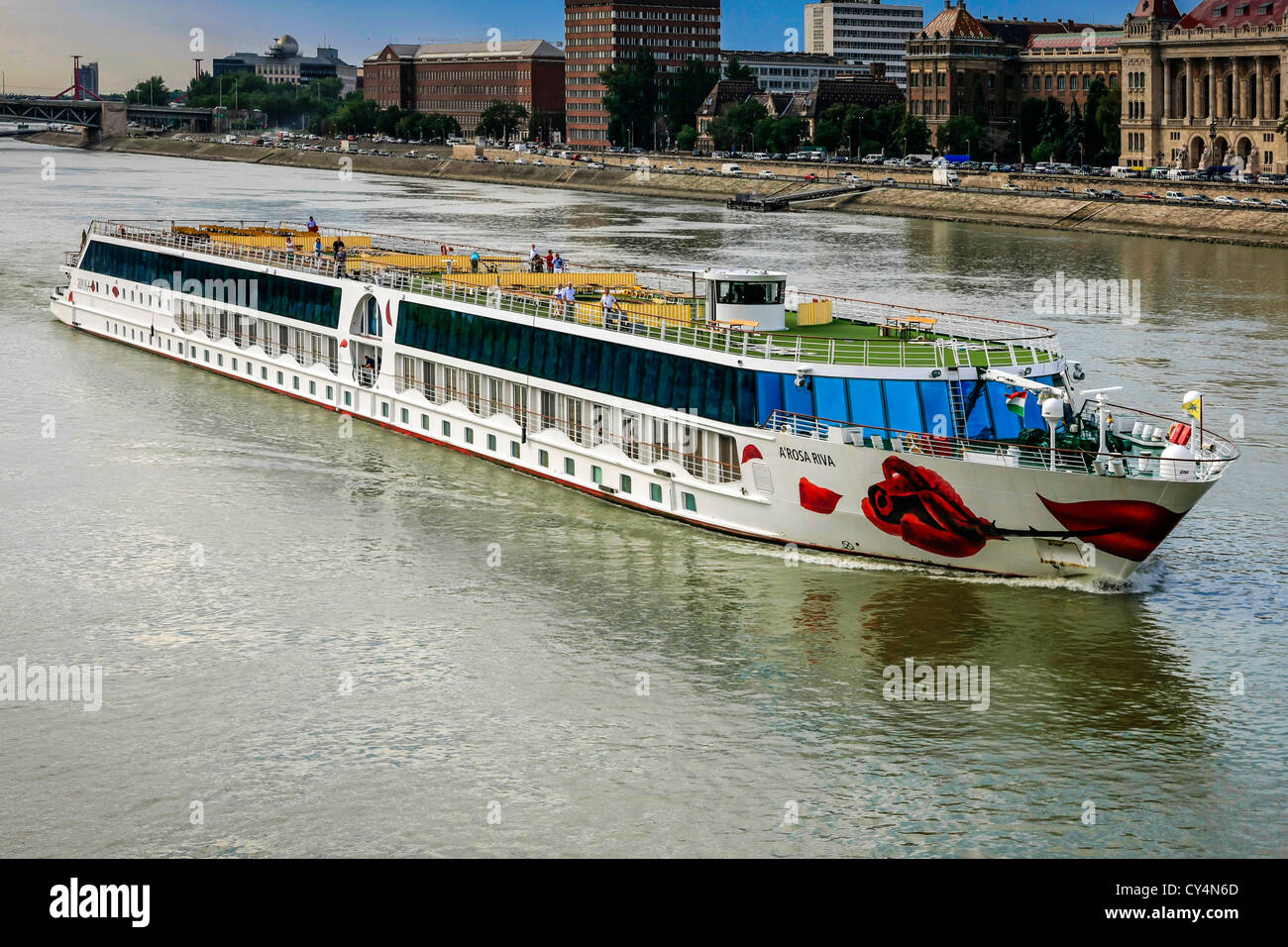 The German River cruise ship, A-Rosa Riva sails through Budapest on the  River Danube Stock Photo - Alamy