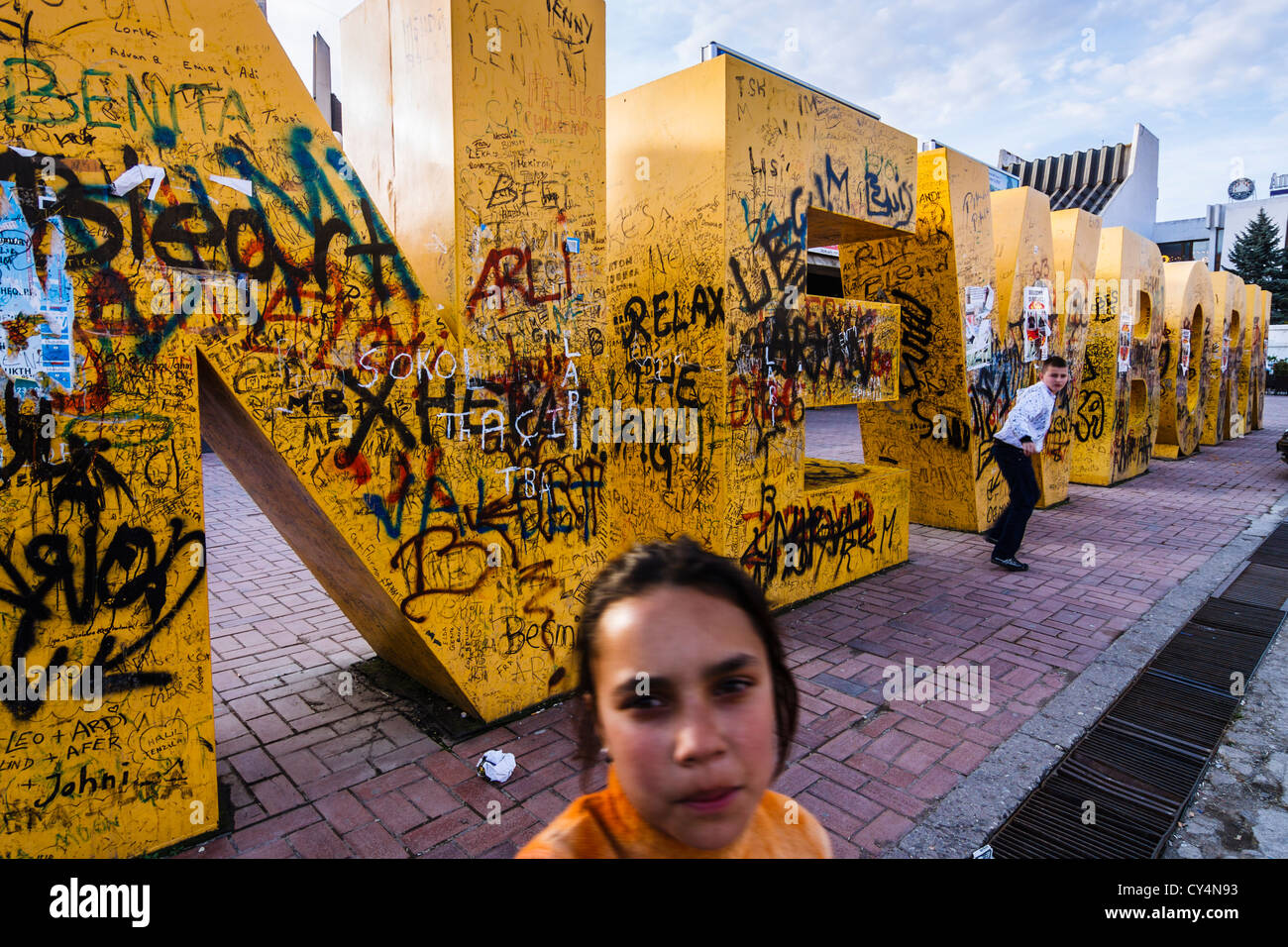 Kosovar girl by Newborn obelisk, placed in Pristina downtown on February 17th 2008 when Kosovo