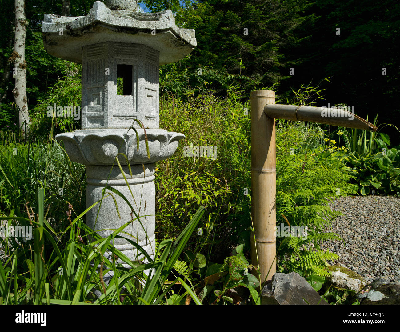 Stone lantern and bamboo water-feature in a Japanese garden in nw. Scotland Stock Photo