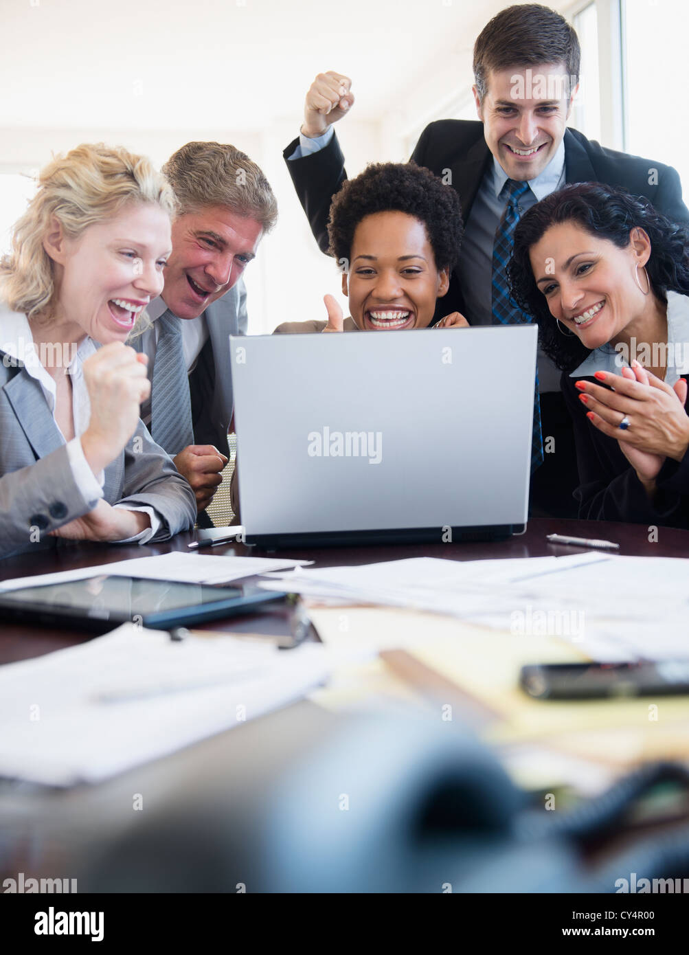 Success Workers USA, New Jersey, Jersey City, Office workers celebrating success Stock ...