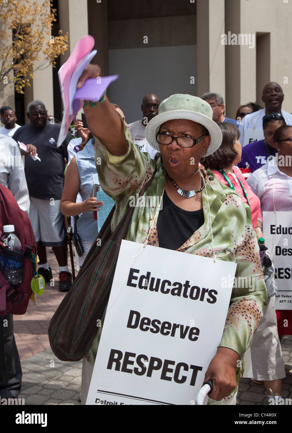 Members of the American Federation of Teachers rally in support of collective bargaining in the Detroit Public Schools. Stock Photo