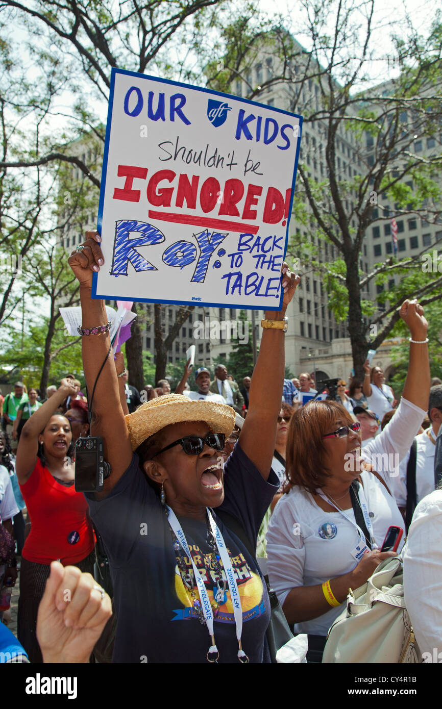 Members of the American Federation of Teachers rally in support of collective bargaining in the Detroit Public Schools. Stock Photo